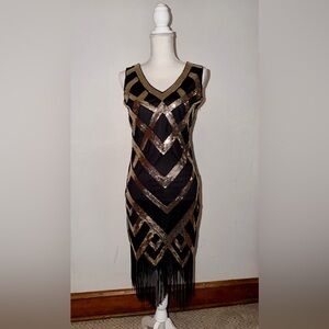 Vintage Black and Gold Fringe Dress